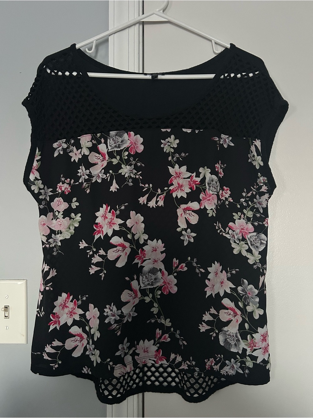 Express Black Floral Crochet-Yoke Top - Pink & White Flowers